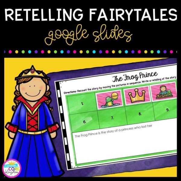Cover of Retelling Fairytales for Google Slides showing a princess and a tablet with a retelling activity and yellow background with text on top