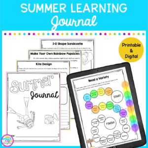 Summer Learning Journal Resource Cover showing print out worksheets of summer fun activities and a tablet showing google slides version