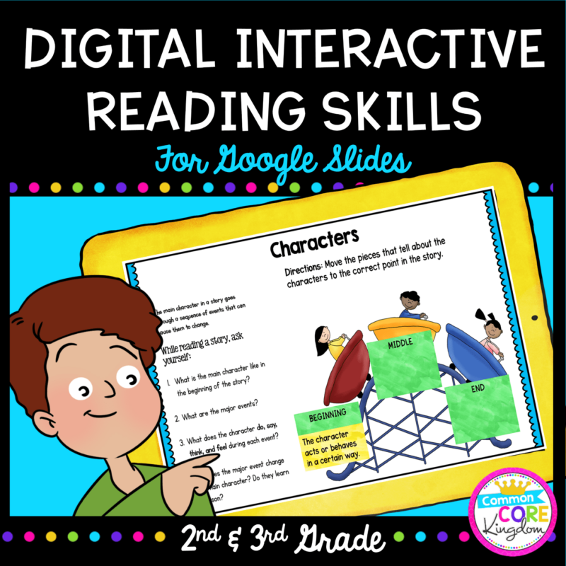 2nd grade graphic organizer and digital interactive reading skills cover with boy holding tablet and showing a page of resource