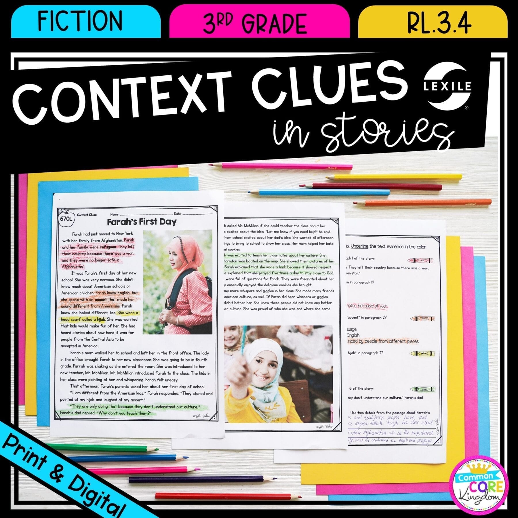 Context Clues in Fiction Stories for 3rd grade cover showing printable & digital worksheets
