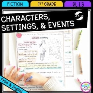 Characters, Settings, and Events for 1st grade cover showing printable and digital worksheets