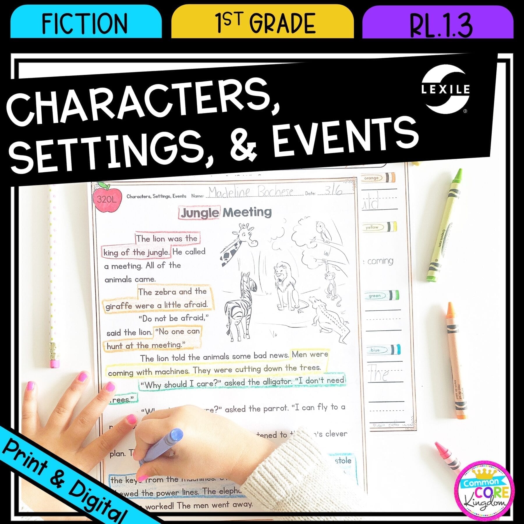 Characters, Settings, and Events for 1st grade cover showing printable and digital worksheets