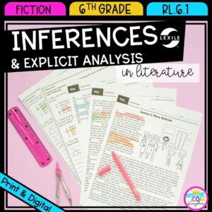 inferences and explicit analysis in literature for 6th grade cover showing printable and digital google slide resources with pink background