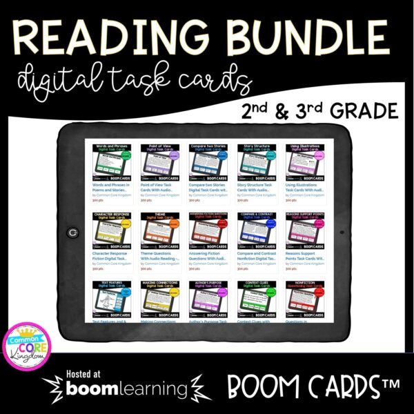 2nd and 3rd grade boom card bundle cover showing different digital task card units available for sale on a tablet