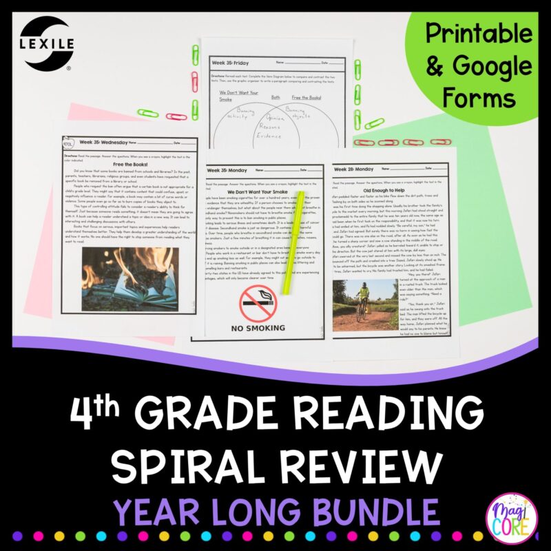 4th Grade Reading Spiral Review with Lexile - Full Year ELA Practice Bundle