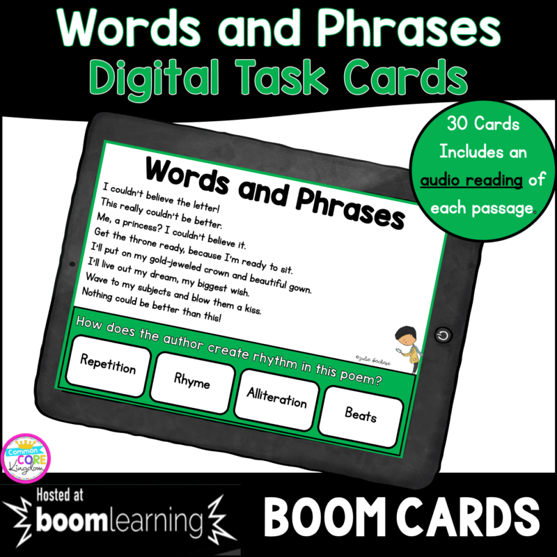 Words & Phrases Boom Cards for 2nd and 3rd grade resource cover showing a short passage and a question on a tablet with text