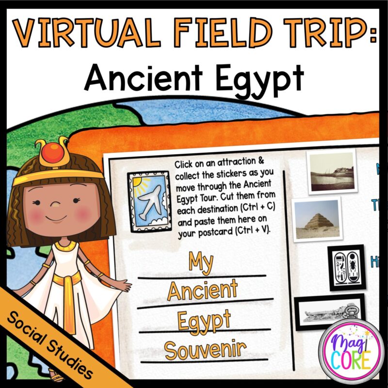 Virtual Field Trip to Ancient Egypt cover showing a tablet with an educational resource on it and a drawing of a plane in front of a drawing of a globe