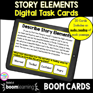 Cover of Story Elements boom cards for 4th and 5th grade showing an image of a digital task card on a tablet with text