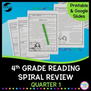 Cover for 4th grade reading resource with text that says spiral review quarter 1 and an image of worksheets from the resource