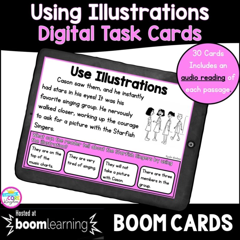 Cover for using illustrations boom cards for 2nd and 3rd grade showing a boom card on a tablet with a purple background