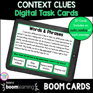Cover for Context Clues in Fiction Boom Cards resource showing a 4th grade and 5th grade reading task card on a tablet