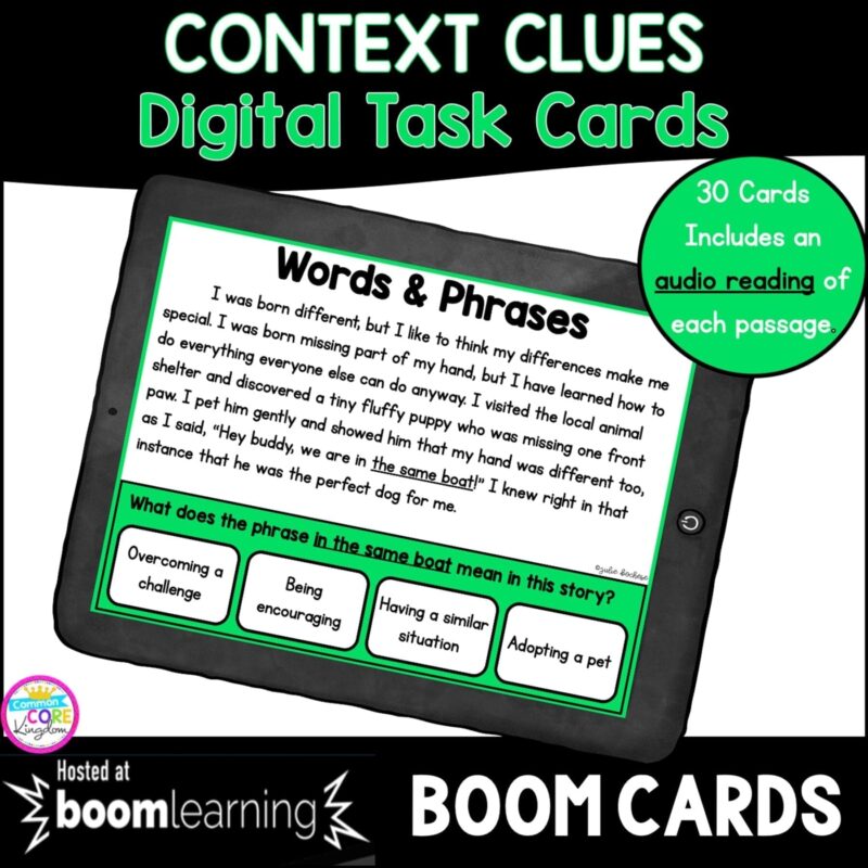 Cover for Context Clues in Fiction Boom Cards resource showing a 4th grade and 5th grade reading task card on a tablet