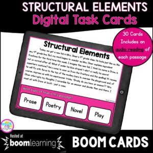 Cover for 4th and 5th grade structural elements in fiction boom cards showing a distance learning task card on a tablet device