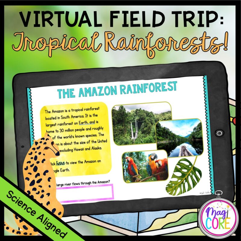 Virtual Field Trip To the Rainforest product cover showing a silde from the distance learning resource on a tablet with a map in the background