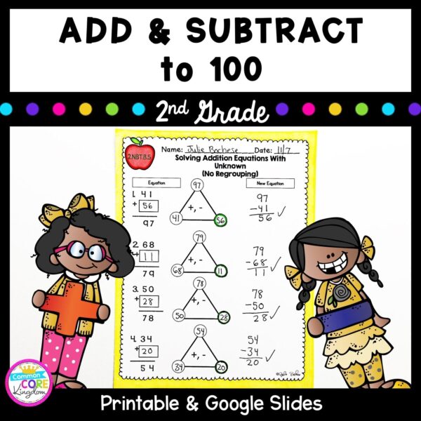 Product cover for add and subtract to 100 for second grade showing a math worksheet with two girls holding addition and subtraction signs