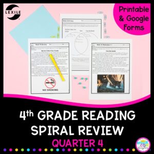 4th grade reading spiral review 4th quarter cover with two reading passages and a venn diagram to compare the two pages.