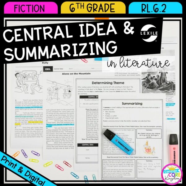 Central Idea and Summarizing resources for sixth grade cover showing printable and digital google slides reading resources