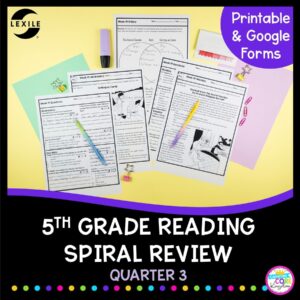 Cover for 5th grade reading spiral review for 3rd quarter of the year showing worksheets with stories and questions