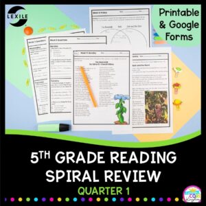 Cover for 5th grade reading comprehension spiral review showing printable and digital reading worksheets
