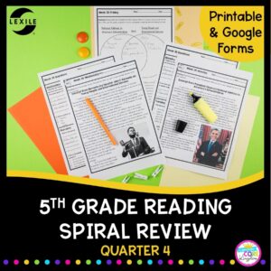 cover for 4th quarter reading spiral review for 5th grade showing reading comprehension worksheets and passages
