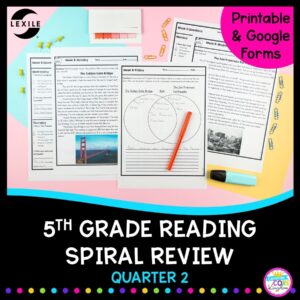Cover for 5th grade reading spiral review for second quarter showing reading comprehension worksheets and stories with a pink background and text
