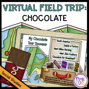 Chocolate Virtual Field Trip showing a map in the background and a suitcase for students to put their learning in.