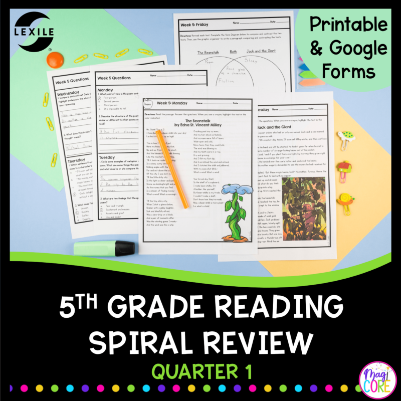 5th Grade Reading Spiral Review - Quarter 1 - Printable & Google Forms