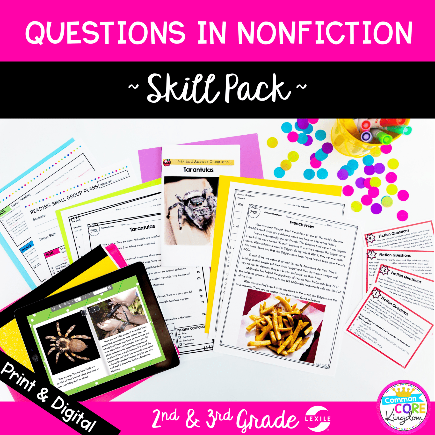 Questions in Nonfiction skill pack cover showing printable and digital reading comprehension worksheets and task cards