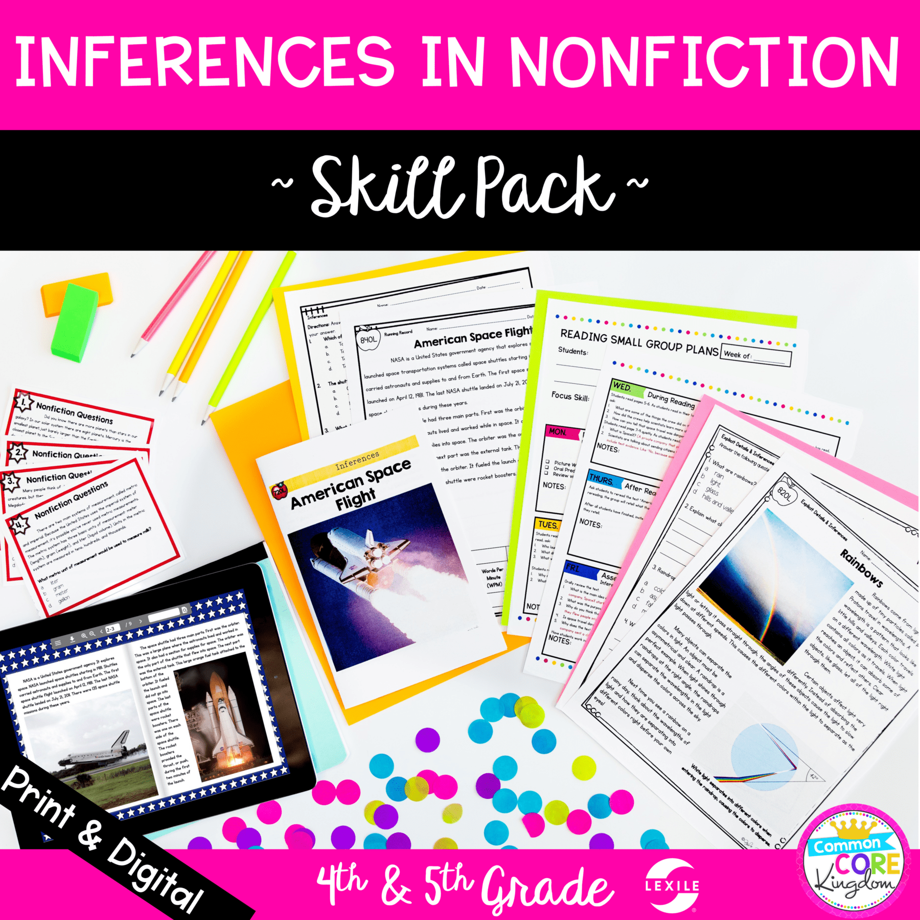 Inferences in nonfiction skill pack cover for 4th and 5th grade showing printable and digital resources with colored paper in the background
