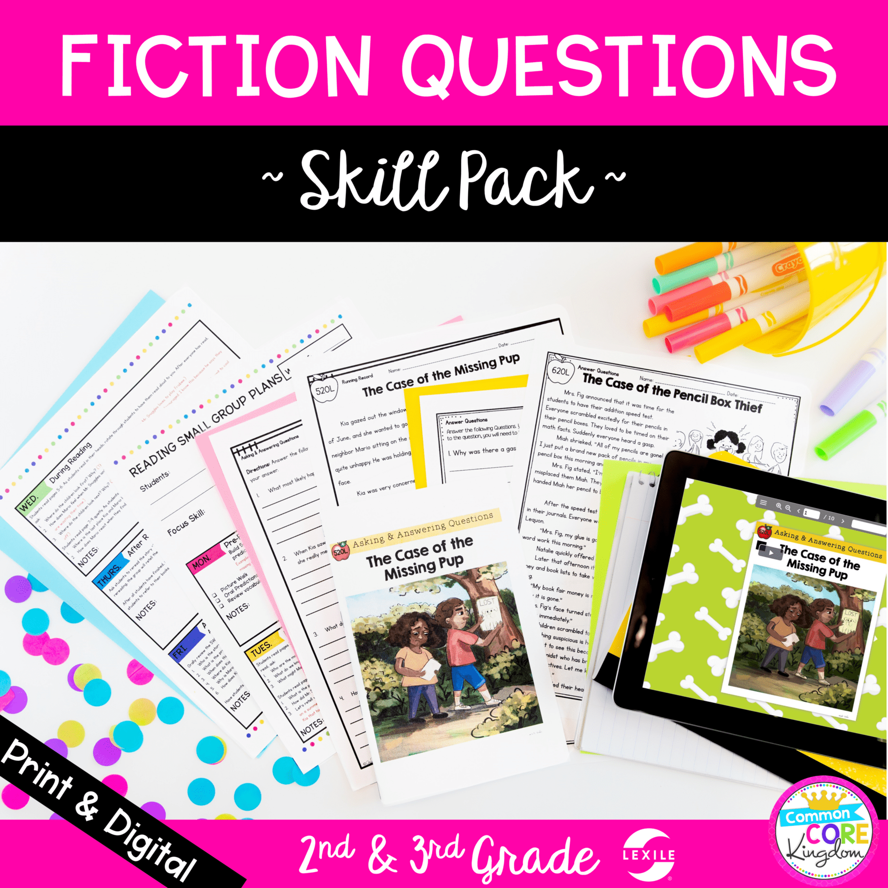 Fiction questions skill pack for 2nd and 3rd grade cover showing digital and printable reading comprehension worksheets