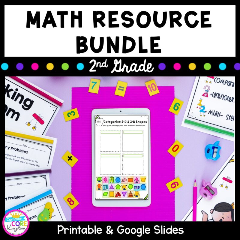 Cover for 2nd grade math bundle showing printable math worksheets and google slide distance learning worksheets
