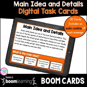 Main idea and details boom cards for 4th and 5th grade cover showing a digital task card on a tablet