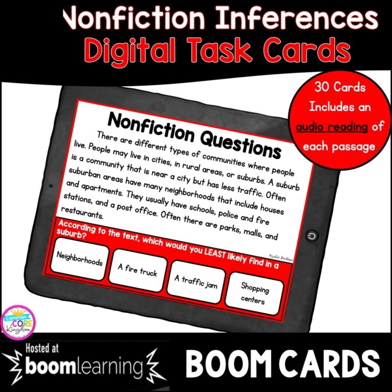 Inferences in Nonfiction Boom Cards for 4th and 5th grade reading comprehension cover showing a passage on a tablet