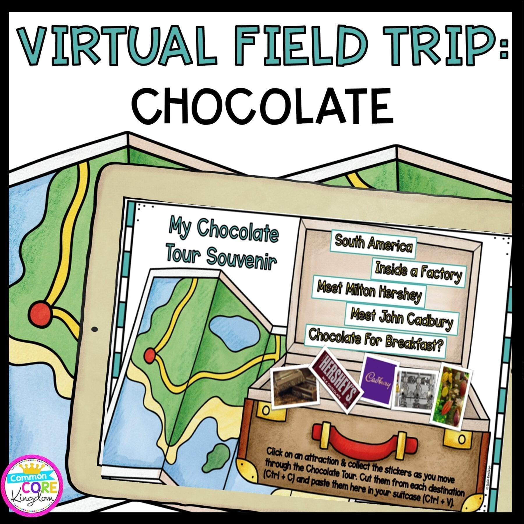 Cover for Chocolate Virtual Field Trip showing a map in the background and a suitcase for students to put their learning in.