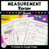 Cover for Measurement Review resource for 2nd grade showing images of three measurement worksheets and text saying printable and digital versions
