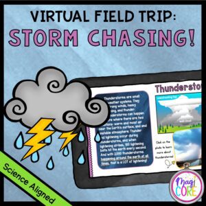 Storm chasing virtual field trip cover showing a tornado on a tablet with text and a map in the background