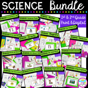 science bundle cover showing a variety of first and second grade resources