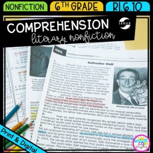 Comprehension of Literary Nonfiction for 6th grade cover showing printable and digital worksheets