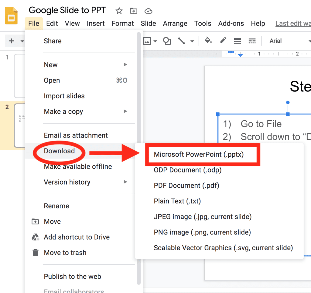 Screenshot of Google Slide being converted into Microsoft PowerPoint showing the Download Menu Location