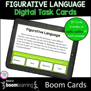 Figurative Language Digital Task Cards cover for 3rd grade showing a digital worksheet