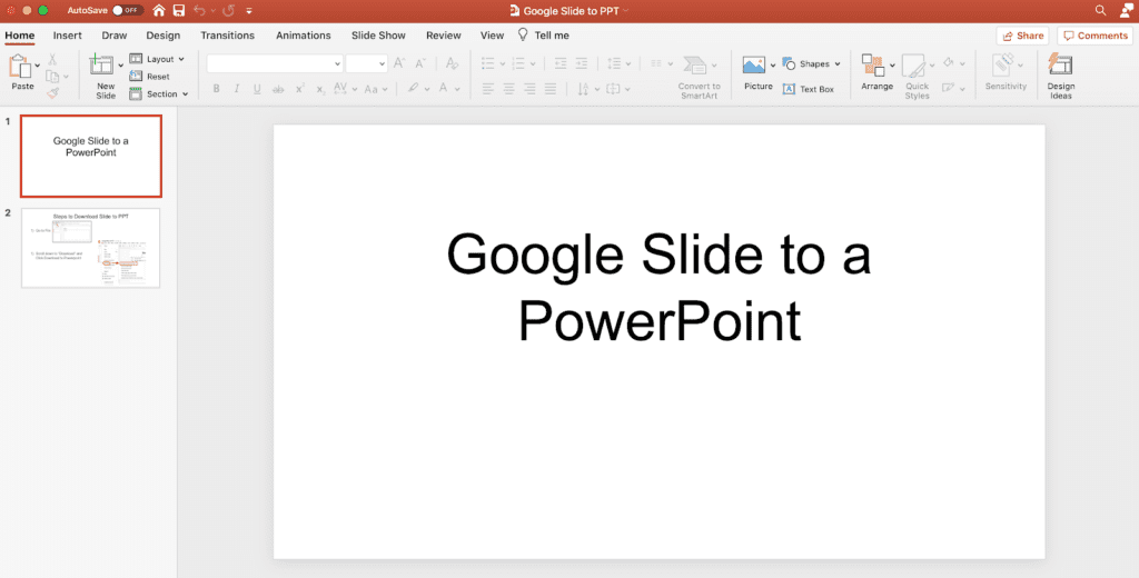 Screenshot showing a google slide document converted into a powerpoint file