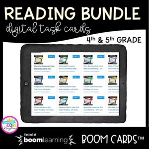 Reading Bundle Digital Task/Boom Cards for 4th and 5th grade cover showing a digital page of different lessons in the bundle