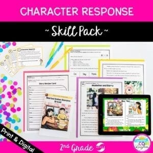 cover of RL.2.3 character response reading comprehension skill pack bundle for 2nd grade showing printable and digital resources