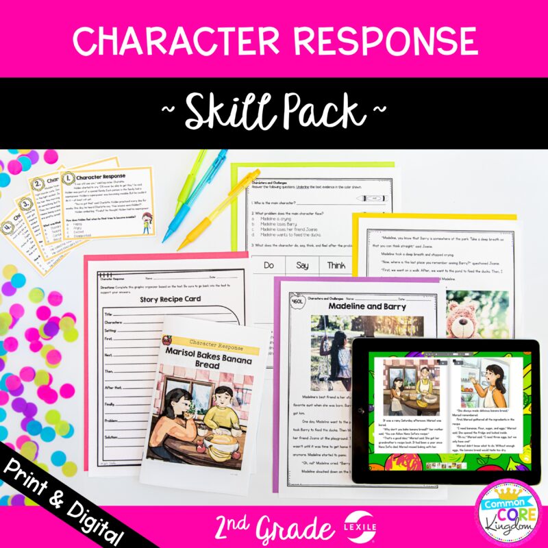 cover of RL.2.3 character response reading comprehension skill pack bundle for 2nd grade showing printable and digital resources
