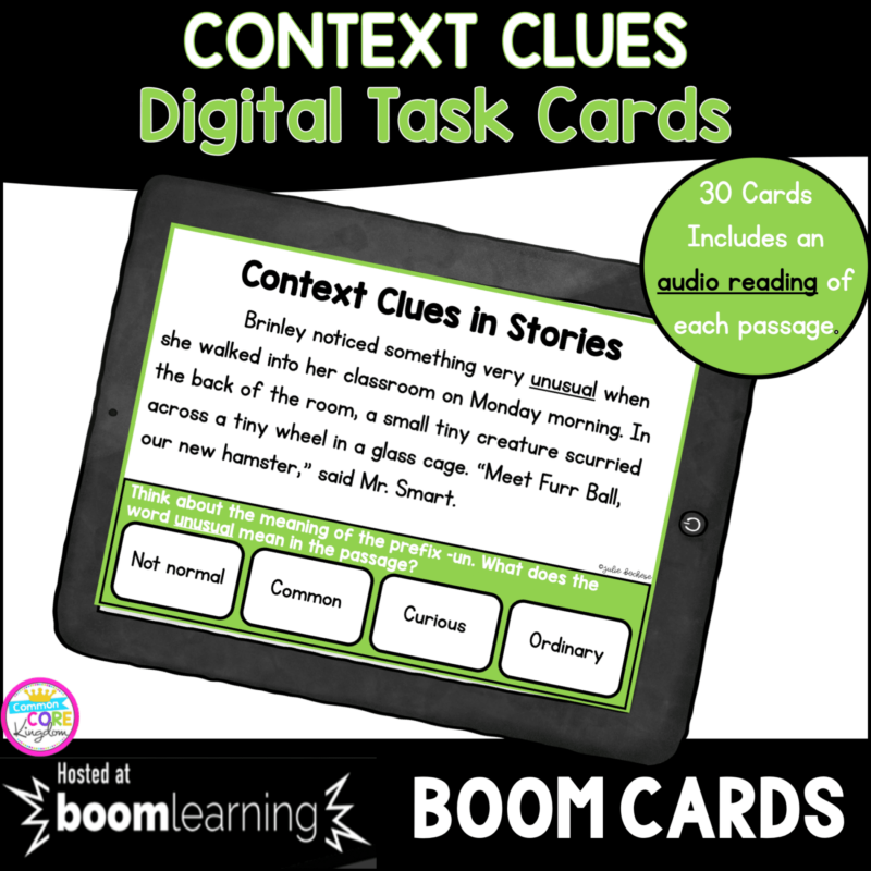 Context Clues Digital Task Cards/Boom Cards cover for 3rd grade showing a digital worksheet