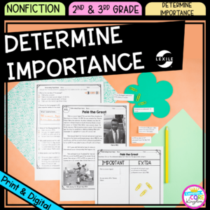 Determine Importance cover for 2nd and 3rd grade showing an organizational page, passage page, and question page available in printable and digital formats