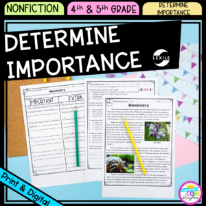Determine Importance cover for 4th & 5th Grade showing a passage page, question page, and organizational page that are available in printable and digital formats
