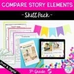 RL.5.3 compare story elements characters events and setting skill pack cover showing printable and digital teaching resources