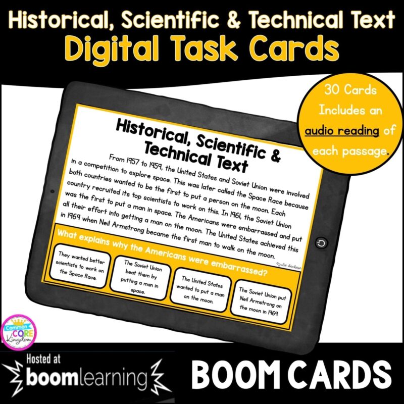 Boom card cover for historical scientific and technical text digital task cards showing a distance learning resource on a tablet