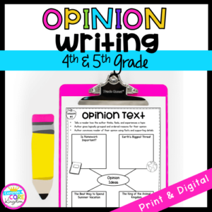 Opinion Writing Cover for 4th & 5th Grade showing a printable and digital worksheet